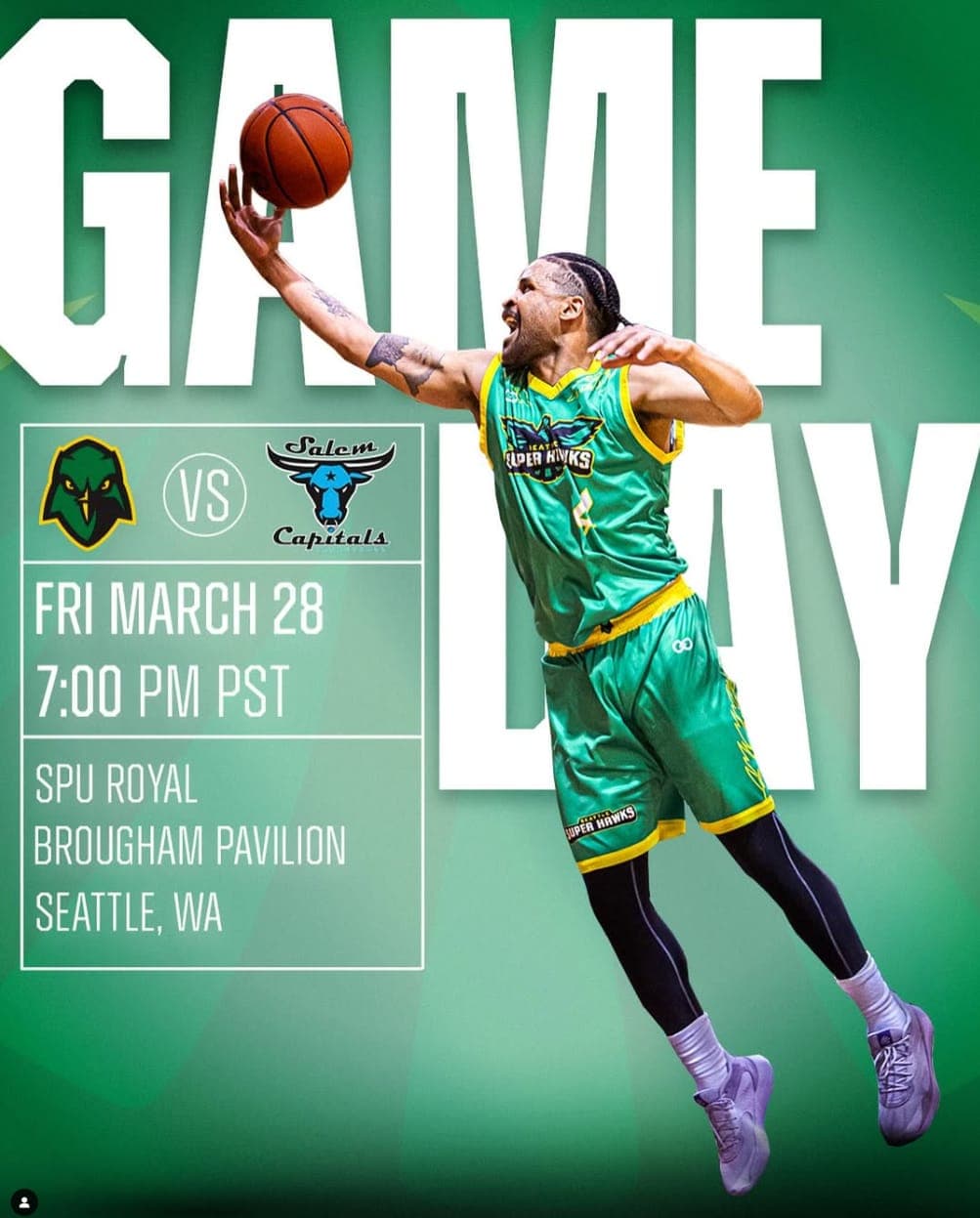 SuperHawks game day graphic built around Dylan's photo of a player rising for a dunk