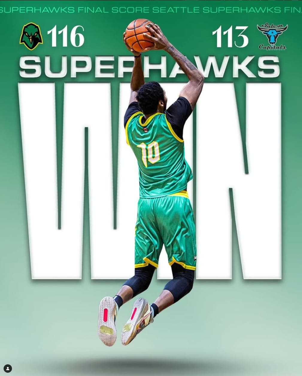 SuperHawks win graphic built around Dylan's photo of a player going up with the ball