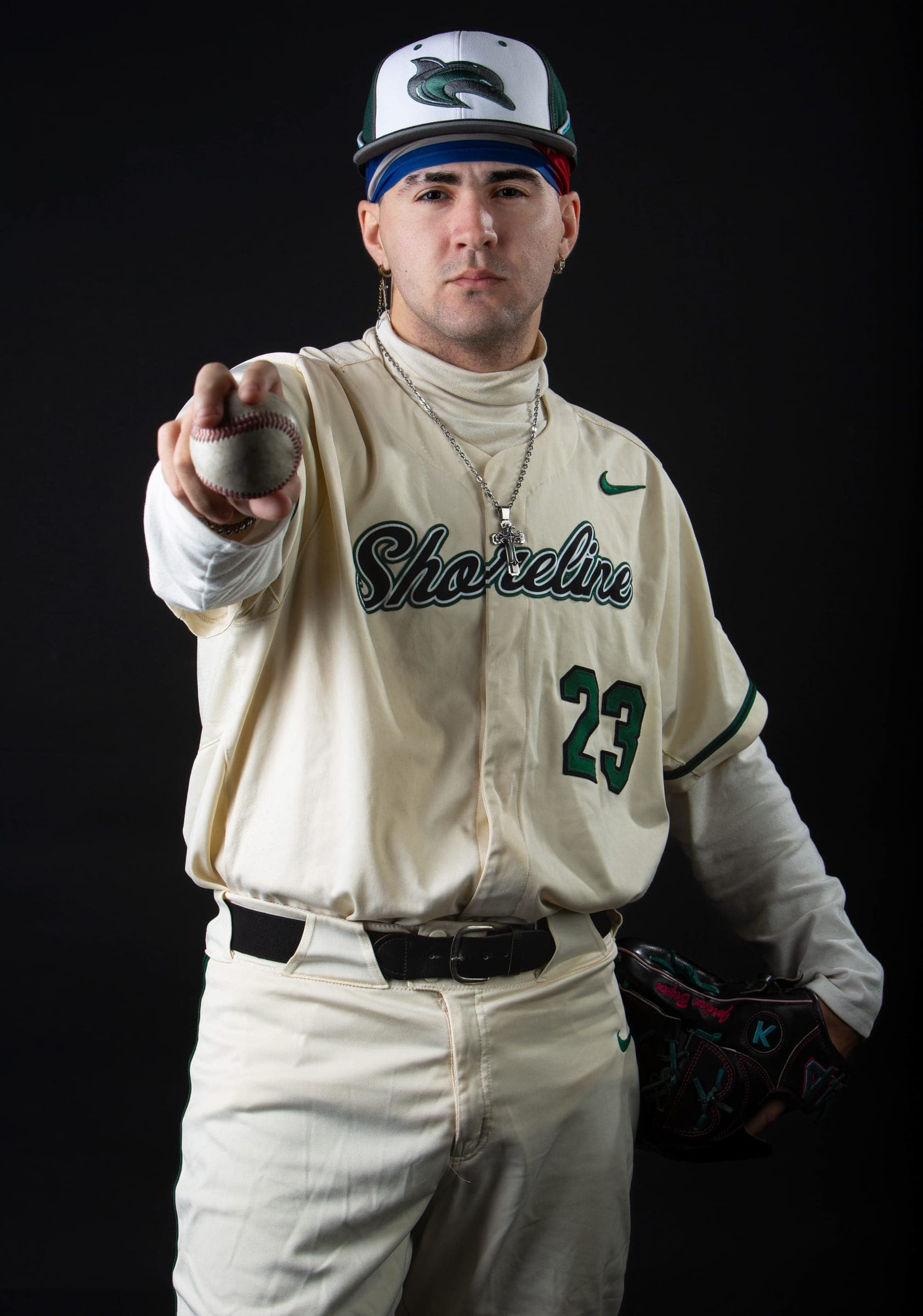 Shoreline player pointing at the camera in a full-length portrait